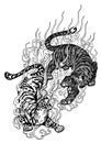 Tattoo art tiger fight hand drawing and sketch black and white