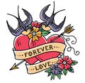 Tattoo art. Tattoo two hearts pierced by arrow. Hearts with flowers, ribbon and swallows. Forever love. Valentines Day.