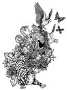 Tattoo art wild animals bird tiger flower hand drawing and sketch black and white