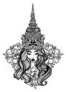 Tattoo art a woman wearing a thai giant hat hand drawing and sketch