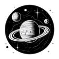 Tattoo astrology vector art. Universe space tattoo print. Magic astronomy graphic with planets, star, girl