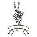 tattoo with banner of a skeleton hand giving a peace sign