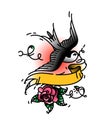 Tattoo of a bird Swallows without an inscription on a ribbon, and with a rose bud from below. Vector illustration. Tattoo of an