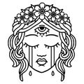 black line tattoo of female face with third eye crying