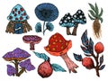 Tattoo cartoon old school style watercolor rainforest mushroom, ginseng, pomegranate elements For wrapping paper, cards, posters