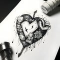 Tattoo design on a piece of paper a heart with a rose and stones. Heart as a symbol of affection and