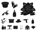 Tattoo, drawing on the body black icons in set collection for design. Tattoo salon and equipment vector symbol stock web Royalty Free Stock Photo