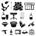 Tattoo, drawing on the body black icons in set collection for design. Tattoo salon and equipment vector symbol stock web Royalty Free Stock Photo