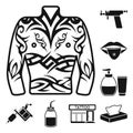 Tattoo, drawing on the body black icons in set collection for design. Tattoo salon and equipment vector symbol stock web Royalty Free Stock Photo