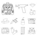 Tattoo, drawing on the body outline icons in set collection for design. Tattoo salon and equipment vector symbol stock Royalty Free Stock Photo