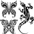 Tattoo drawings of butterflies and lizard Royalty Free Stock Photo