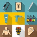 Tattoo equipment icons set, flat style