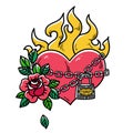 Tattoo flaming heart bound by chains of love. Burning heart with rose. Tattoo heart in fetters of love.Old school styled