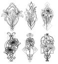 Tattoo flowers set hand sketch drawing black and white