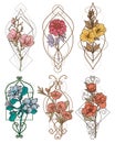 Tattoo flowers set hand sketch drawing color vintage