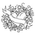 Tattoo heart decorated ribbon, blue flowers, leaves, curls. Balck and white holiday illustration for Valentines Day.