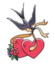 Tattoo heart with flowers and bird. Swallow carries over two hearts on ribbon. Illustration, sticker for Valentines Day. Royalty Free Stock Photo