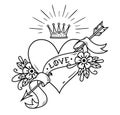 Tattoo heart pierced by arrow with crown, ribbon Royalty Free Stock Photo