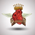 Tattoo heart with wings, skull and crown on white background. Place for your text. Vector