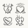 Tattoo hearts. Hand drawn heart icons vector illustration. Angel of music, needle and bullets isolated on white Royalty Free Stock Photo