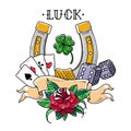 Tattoo horseshoe with playing cards, dice, rose and shamrock clover. Good Luck tattoo. Symbol of luck in gambling