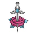 Tattoo knife with a rose. Design of traditional sword tattoo