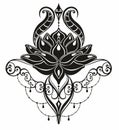 Tattoo Lotus Illustration.Mendi, mehendi, tattoo for women lotus flower. Black and white vector illustration. Or.Vector illustrati