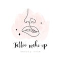 Tattoo makeup salon logo template. Permanent on lip. Linear female lips with pink watercolor splash. Hand drawn outline Royalty Free Stock Photo