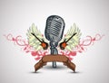 Tattoo microphone with wings, guitar and ribbon isolated on white background. Place for your text. Vector.