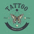 Tattoo parlor poster. Classic and vintage tattoo. Butterfly, astrological symbols, phases of moon and sacred geometry.