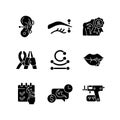 Tattoo and piercing creation black glyph icons set on white space Royalty Free Stock Photo