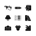 Tattoo and piercing instruments black glyph icons set on white space Royalty Free Stock Photo