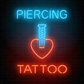 Tattoo and piercing parlor glowing neon signboard with emblem. Knife in heart logo.