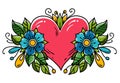 Tattoo pink heart decorated ribbon, blue flowers, leaves, curls. Holiday illustration for Valentines Day. Old school