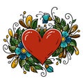 Tattoo red heart decorated ribbon, blue flowers, leaves, curls. Holiday illustration for Valentines Day. Old school