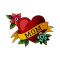 Tattoo red heart. Love to mom. Ink print. Old school. Ribbon and flowers. American art vintage style. Isolated painted