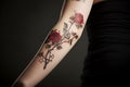 A tattoo of a red rose on a woman's arm, dark background.