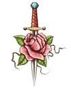 Rose Flower Pierced by Dagger Tattoo
