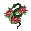 Tattoo with rose and snake with sacred geometry frame.