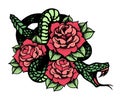Tattoo with rose and snake. Traditional black dot style ink.