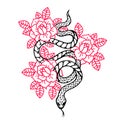 Tattoo with rose and snake. Traditional black style ink.