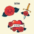 Tattoo roses and heart. Isolated tattoo. Old School Tattooing Style Ink rose