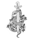 Tattoo with roses and snake, sword and dagger.