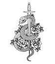 Tattoo with roses and snake, sword and dagger. Royalty Free Stock Photo