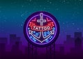 Tattoo salon logo in a neon style. Neon sign, emblem, anchor symbol with a ribbon, luminous billboard, neon advertising Royalty Free Stock Photo