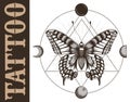 Tattoo school banner with butterfly, triangle geometry, moon phases. Mystical symbol of soul, immortality, rebirth