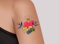 Tattoo on shoulder.Pink heart and gold crown.Two swallows fly and hold ribbon decorated with flowers.Template for banner