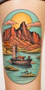 Vibrant Neo-traditional Tattoo: Woman With Sailing Boat And Mountains