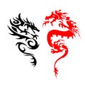 Tattoo silhouette two dragon attacking. On white background.