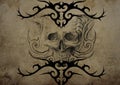 Tattoo skull over vintage paper, black tribal tattoos